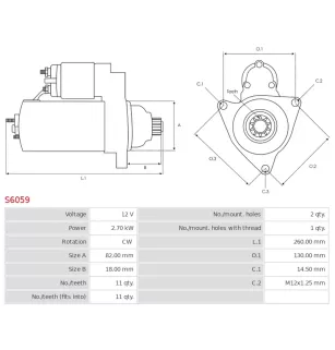 Démarreur 12V 2.70kW 11 dents AS-PL S6059, BOSCH 0986026030, CARGO 114853, DELCO DRS0449, DENSO 228000-2633