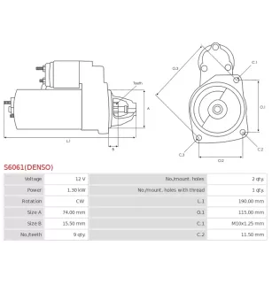 Démarreur 12V 1.30kW 9 dents AS-PL UD809835(DENSO)S, BOSCH 0986023260