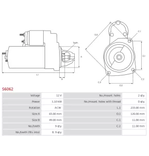 Démarreur 12V 1.10kW 9 dents AS-PL S6062, UD00879S, BOSCH 0986023470