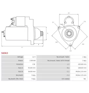 Démarreur 12V 2.00kW 9 dents AS-PL S6063, CARGO 113171, DELCO DRS0766, DENSO 228000-4300, 228000-4302
