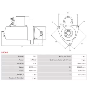 Démarreur 12V 2.70kW 11 dents BOBCAT 6631597, CARGO 110942, DELCO DRS0162, DS1272, DENSO 028000-8400