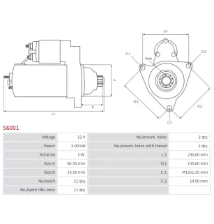 Démarreur 12V 2.00Kw 11 dents DENSO 128000-9591, 128000-9592,