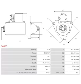 Démarreur 24V 5.50Kw 10 dents DENSO 228000-7550, 228000-7551, 228000-7650, 228080-7550, DSN940, DELCO DRS3897
