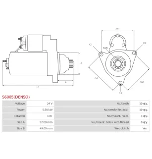 Démarreur 24V 5.50Kw 10 dents DENSO 228000-7550, 228000-7551,