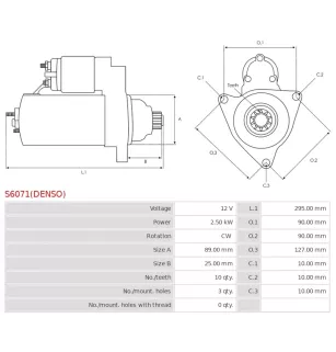 Démarreur 12V 2.50kW 10 dents AS-PL UD810305(DENSO)S, CARGO 110941