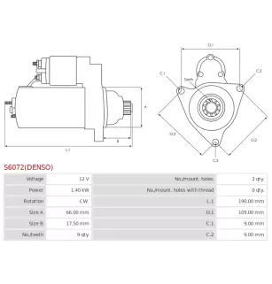 Démarreur 12V 1.40kW 9 dents AS-PL UD819296(DENSO)S, BOBCAT 3390105