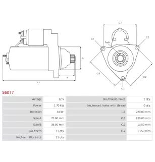 Démarreur 12V 1.70kW 11 dents AS-PL S6077, UD00675S, CARGO 113928, DENSO 228000-1180, 228000-3980