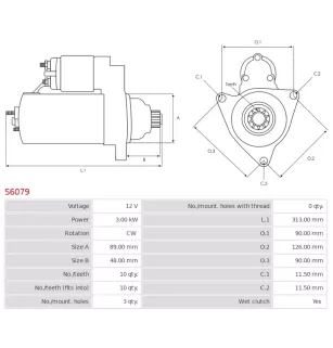 Démarreur 12V 3.00kW 10 dents AS-PL S6079, UD11130S, BOBCAT 6667825, CARGO 113237, CATERPILLAR 1053133