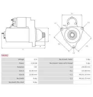 Démarreur 12V 2.20kW 9 dents AS-PL S6082, BOSCH 0986013991, CARGO 111525, DAIHATSU 28100-87316-000, 2810087316