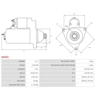 Démarreur 12V 2.20kW 10 dents AS-PL S6083, CARGO 111874, DELCO DRS7500, RAS38611, DENSO 228000-3640