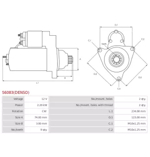 Démarreur 12V 2.20kW 9 dents AS-PL UD805062(DENSO)S, CARGO 111874