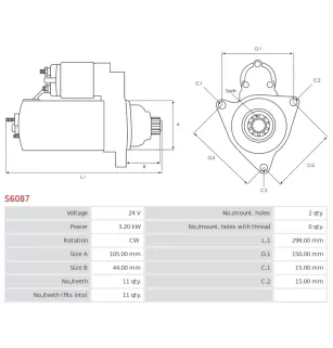 Démarreur 24V 3.20kW 11 dents Remplace DENSO 128000-8064