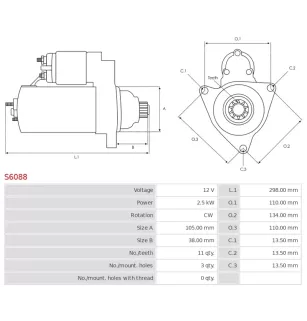 Démarreur 12V 2.5kW 11 dents AS-PL S6088, CARGO 113428, CATERPILLAR 7X0994, DAEWOO 65262017050, DENSO 028000-5490