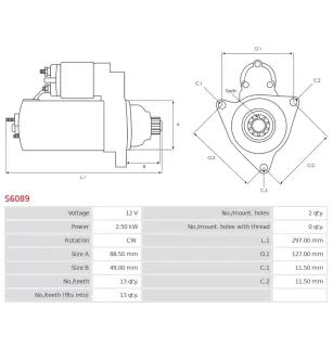 Démarreur 12V 2.50kW 13 dents AS-PL S6089, CARGO 113725, CUMMINS 3604485NW, 3604485RX, 3604660NW