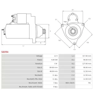 Démarreur 12V 4.00kW 11 dents AS-PL S6094, CARGO 113736, DENSO 228000-5281, 228000-6530, 228000-6531