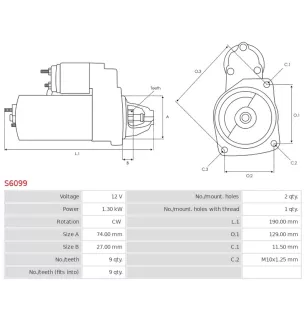 Démarreur 12V 1.30kW 9 dents AS-PL S6099, UD10890S, CARGO 114661