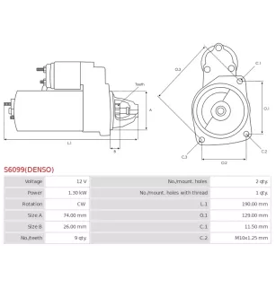 Démarreur 12V 1.30kW 9 dents AS-PL UD809837(DENSO)S, CARGO 114661