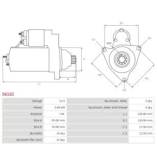 Démarreur 12V 3.00kW 15 dents Remplace POONGSUNG 03101-3071