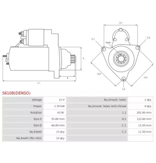 Démarreur 12V 1.70kW Bosch S6108 0986026080
