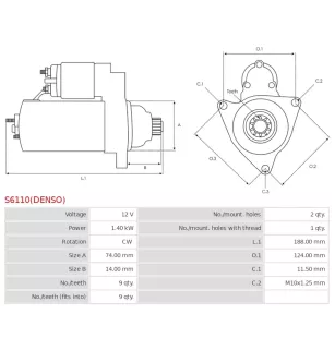 Démarreur 12V 1.40kW 9 dents DELCO DRS0072, DENSO 428000-7800, DSN935