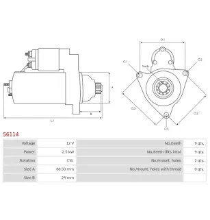 Démarreur 12V 2.5kW 9 dents AS-PL UD02109S, DENSO 228000-6050, 228000-6051, CLARK C07628, DIXIE 246-25144