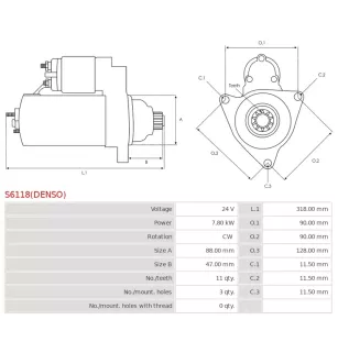 Démarreur 24V 7.8kW 11 dents AS-PL UD816060(DENSO)S, DENSO 028000-5250