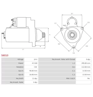 Démarreur 24V 4.50Kw 11 dents DENSO 028000-5510, 028000-5860, 028000-5861, 028000-5862, 028000-5863, 028000-5864