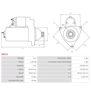 Démarreur 12V 2.20Kw 10 dents DENSO 228000-5020, 228000-5021,