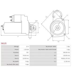 Démarreur 12V 1.20kW 9 dents AS-PL S6125, CARGO 114125, 114660, DENSO 428000-3370, 428000-3372