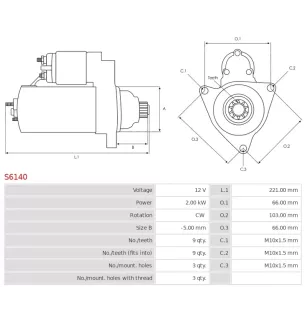 Démarreur 12V 2.00kW 9 dents AS-PL S6140, UD30052S, CARGO 115468, DELCO DRS0959, DENSO 428000-4840