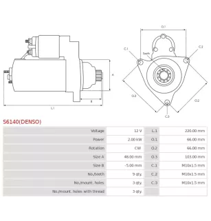 Démarreur 12V 2.00kW 9 dents AS-PL UD809832(DENSO)S, CARGO 115468