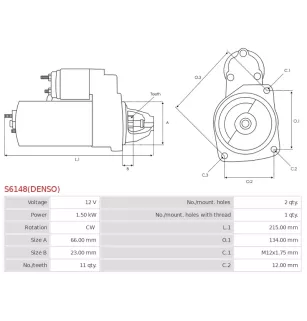 Démarreur 12V 1.50kW 11 dents AS-PL UD809829(DENSO)S, CARGO 115733