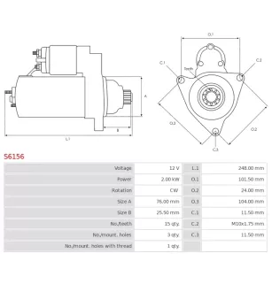 Démarreur 12V 2.00kW 15 dents AS-PL S6156, UD11435S, CARGO 116000, DENSO 428000-7220, 428000-7221