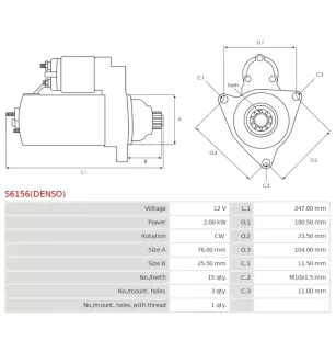 Démarreur 12V 2.00kW 15 dents AS-PL UD805080(DENSO)S, CARGO 116000