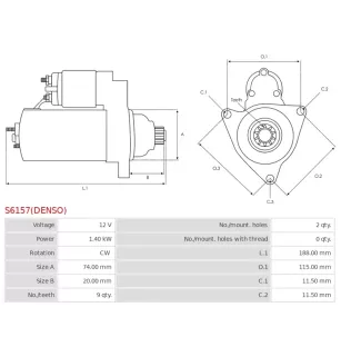 Démarreur 12V 1.40kW 9 dents AS-PL S6157, UD810205(DENSO)S