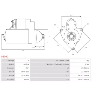 Démarreur 12V 1.40kW 10 dents AS-PL UD12019S, DELCO 16371, DENSO 28100-31131, 428000-6841, DSN1241