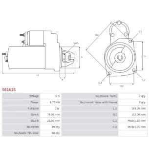 Démarreur 12V 1.70kW 10 dents AS-PL S6161S, UD16469S, BOSCH 0986UR1723