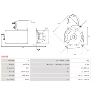 Démarreur 12V 0.80kW 8 dents AS-PL S6163, UD12371S, CARGO 114851, DELCO DRS0219, DENSO 228000-5710