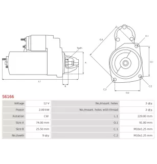 Démarreur 12V 2.00kW 9 dents AS-PL UD12050S, DELCO 16124, DENSO 428000-3980, DSN1222, TOYOTA 28100-38020