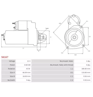 Démarreur 12V 0.60kW 9 dents AS-PL UD12051S, CARGO 114823, DELCO RS41281, DENSO 128000-5500, JOHN DEERE AM105575