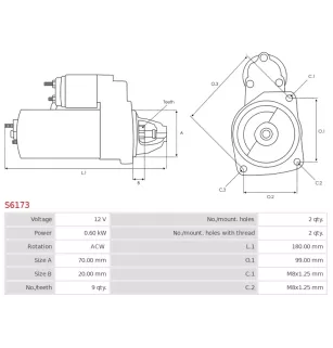 Démarreur 12V 0.60kW 9 dents AS-PL UD12052S, CARGO 113596