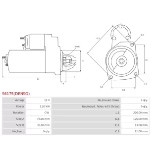 Démarreur 12V 1.20kW 9 dents AS-PL UD808820(DENSO)S, CARGO 114389