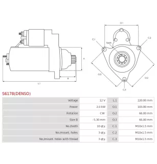 Démarreur 12V 2.0kW 10 dents AS-PL UD809831(DENSO)S, CARGO 115725