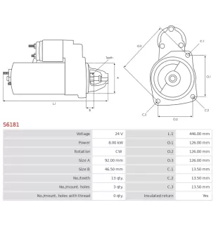 Démarreur 24V 8.00kW 13 dents AS-PL S6181, UD12663S, CARGO 115821, CATERPILLAR 267-4324, 267-4624