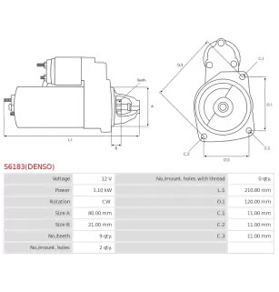 Démarreur 12V 1.10kW 9 dents AS-PL UD810328(DENSO)S, CARGO 114891, DELCO DRS0969, DENSO 428000-1590, 428000-1591