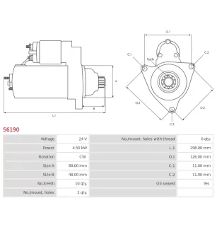 Démarreur 24V 4.50kW 10 dents AS-PL S6190, CUMMINS 3920644, 3922474, 3957592, 3957593