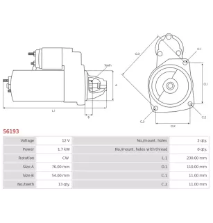 Démarreur 12V 1.7kW 13 dents AS-PL UD12917S, DENSO 428000-8700, 428000-8701, DSN972, HELLA 8EA012140-551