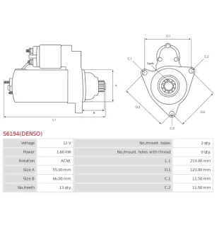 Démarreur 12V 1.60kW 13 dents AS-PL UD808774(DENSO)S, DENSO DSN1370