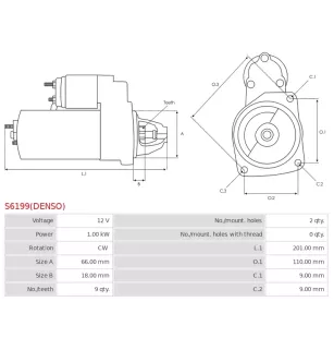 Démarreur 12V 1.00kW 9 dents AS-PL UD810210(DENSO)S, BOSCH 0986023460