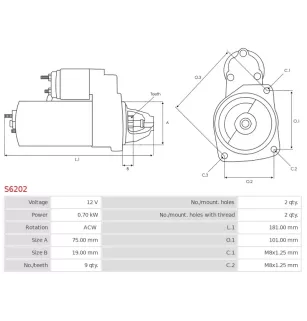 Démarreur 12V 0.70kW 9 dents AS-PL UD12053S, CARGO 116149, DELCO RS41288, DENSO 128000-7940, JOHN DEERE AM104559